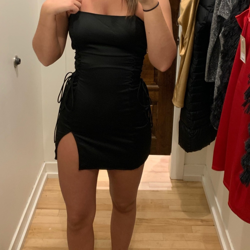 black mini waist cinching dress